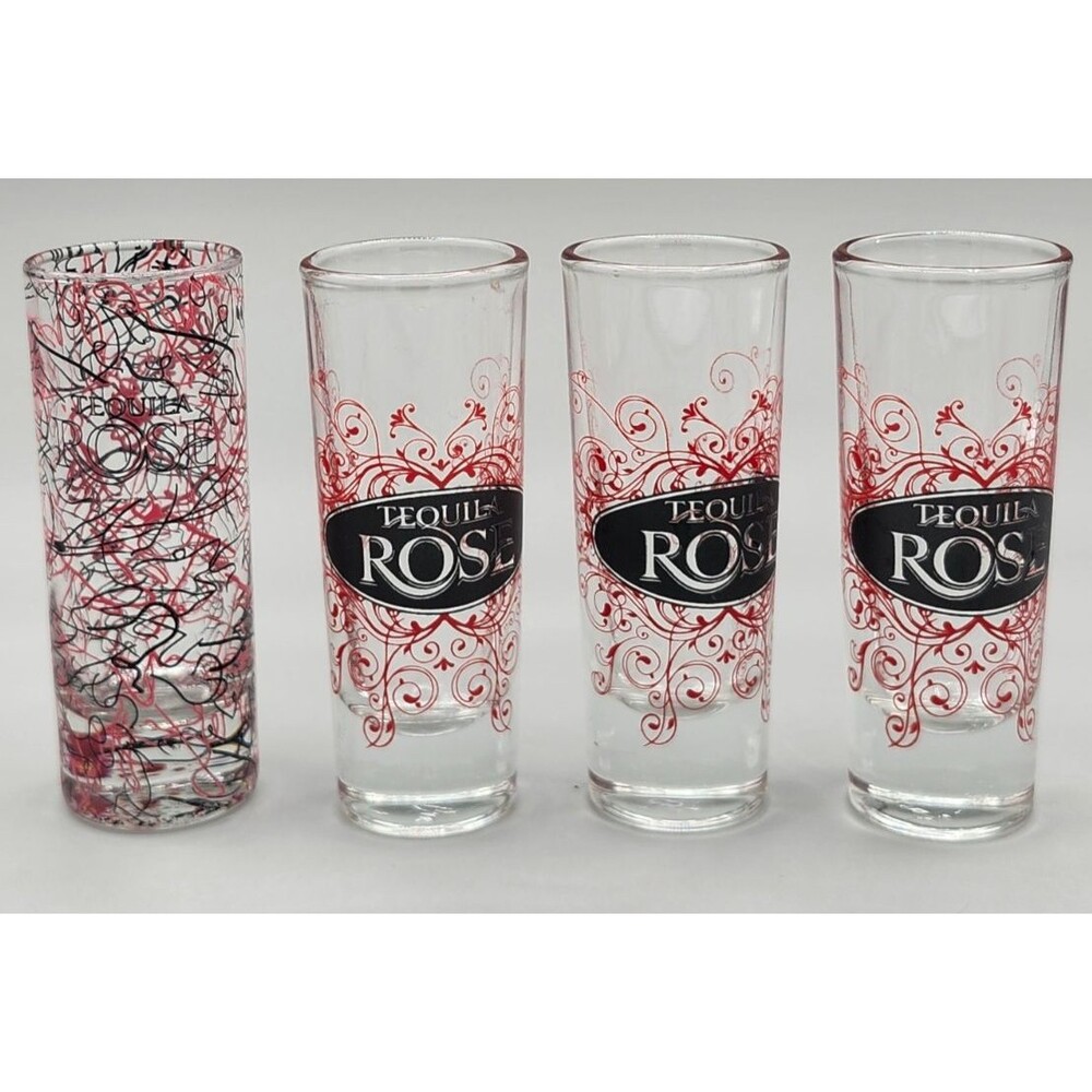 Lot of 4 Tequila Rose Shot Glasses 4" Tall Shooter Red Pink and Black Bar Tavern